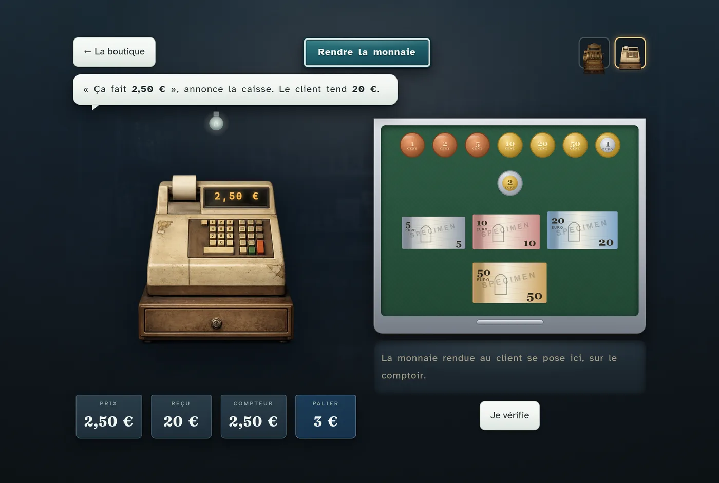 L’Appoint. Une caisse enregistreuse d’époque, un client, un billet : la monnaie se compose pièce par pièce sur le comptoir.